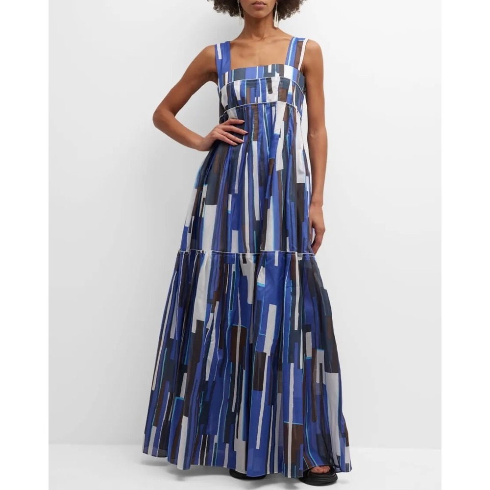 PLAN C Rhythm Maxi Dress Womens 000 Blue White Geometric Print Cotton A-line